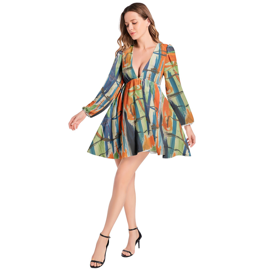 Lantern Sleeve Deep V-Neck Short Dress