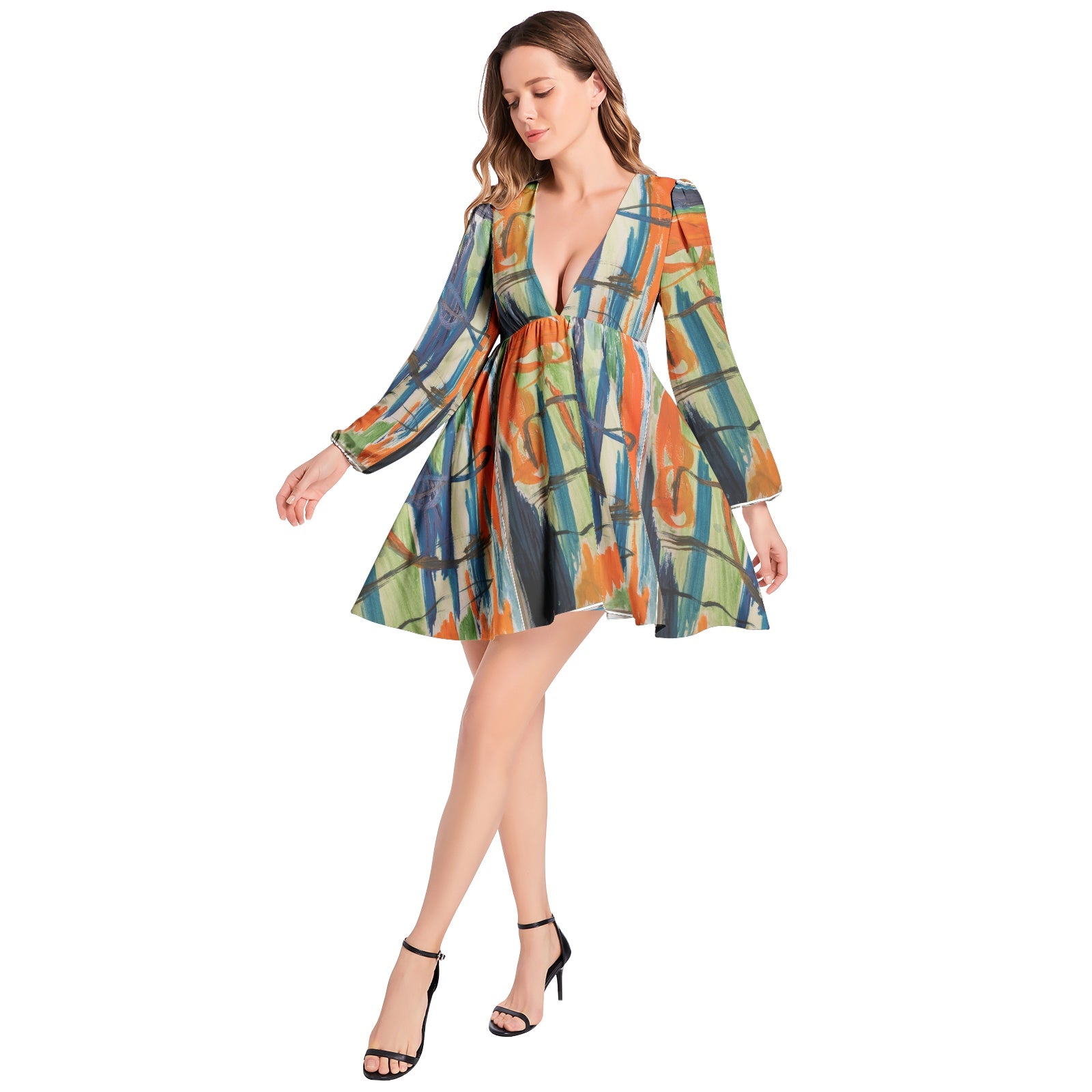 Lantern Sleeve Deep V-Neck Short Dress