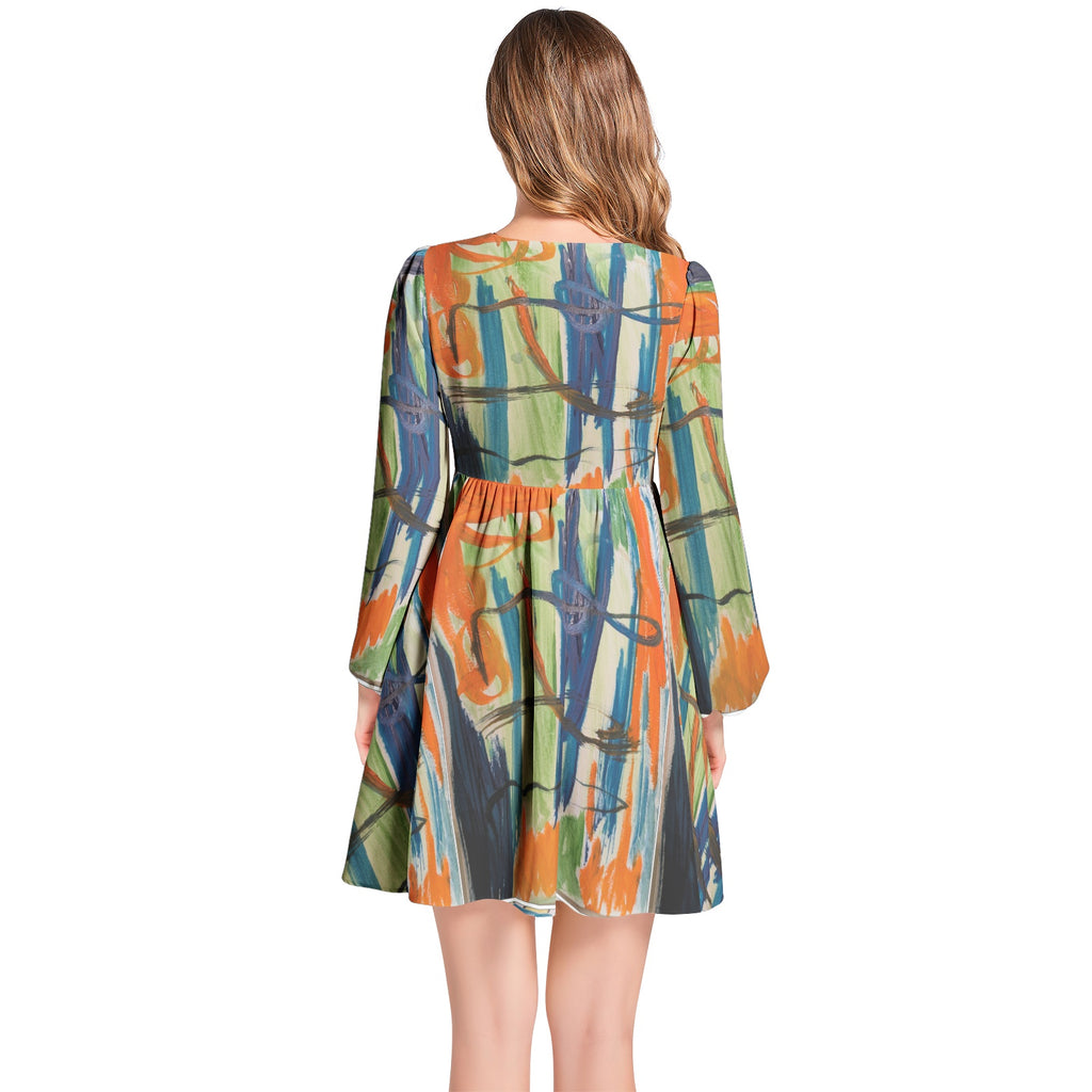 Lantern Sleeve Deep V-Neck Short Dress