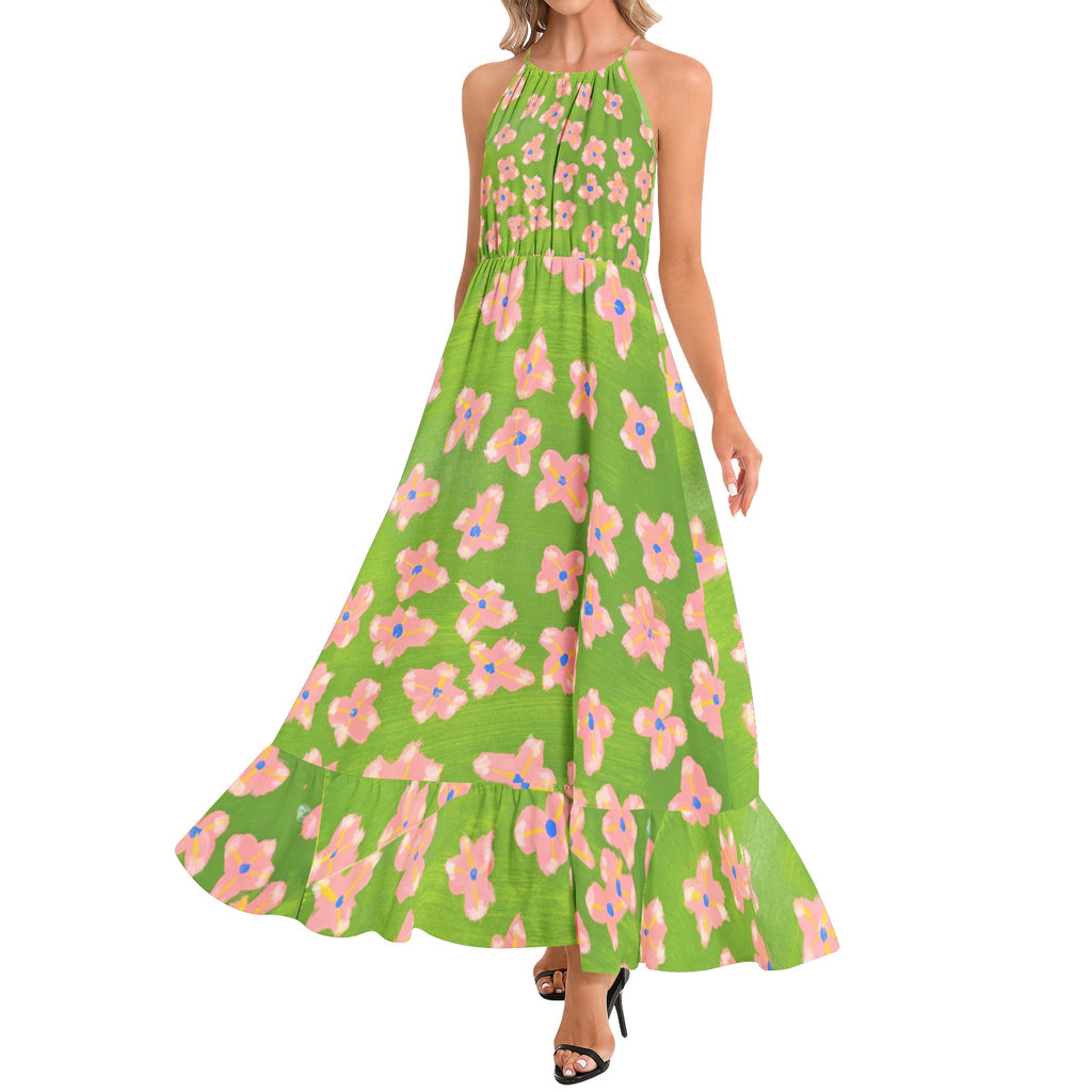 Summer florals-Ruffle Hem Halter Neck Maxi Dress