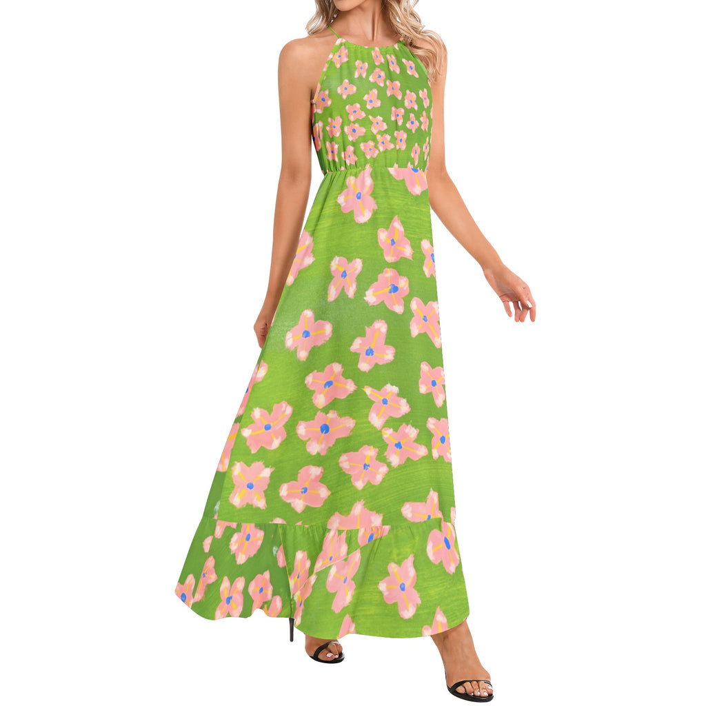 Summer florals-Ruffle Hem Halter Neck Maxi Dress