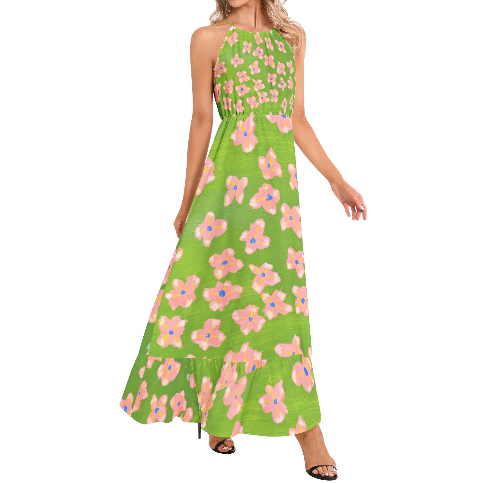 Summer florals-Ruffle Hem Halter Neck Maxi Dress