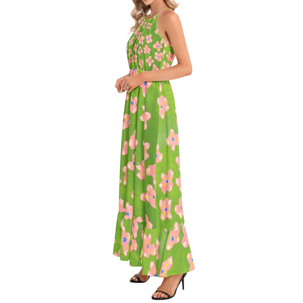 Summer florals-Ruffle Hem Halter Neck Maxi Dress