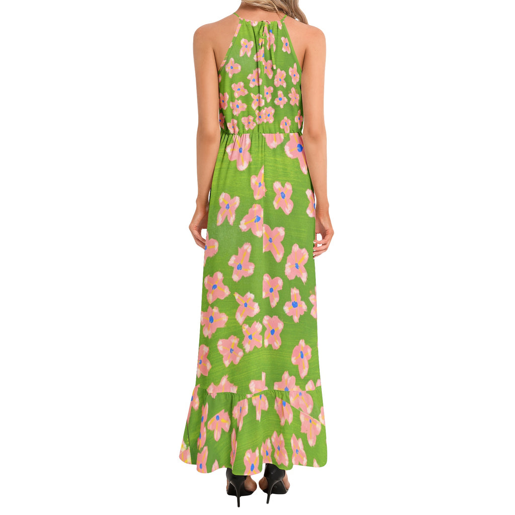 Summer florals-Ruffle Hem Halter Neck Maxi Dress