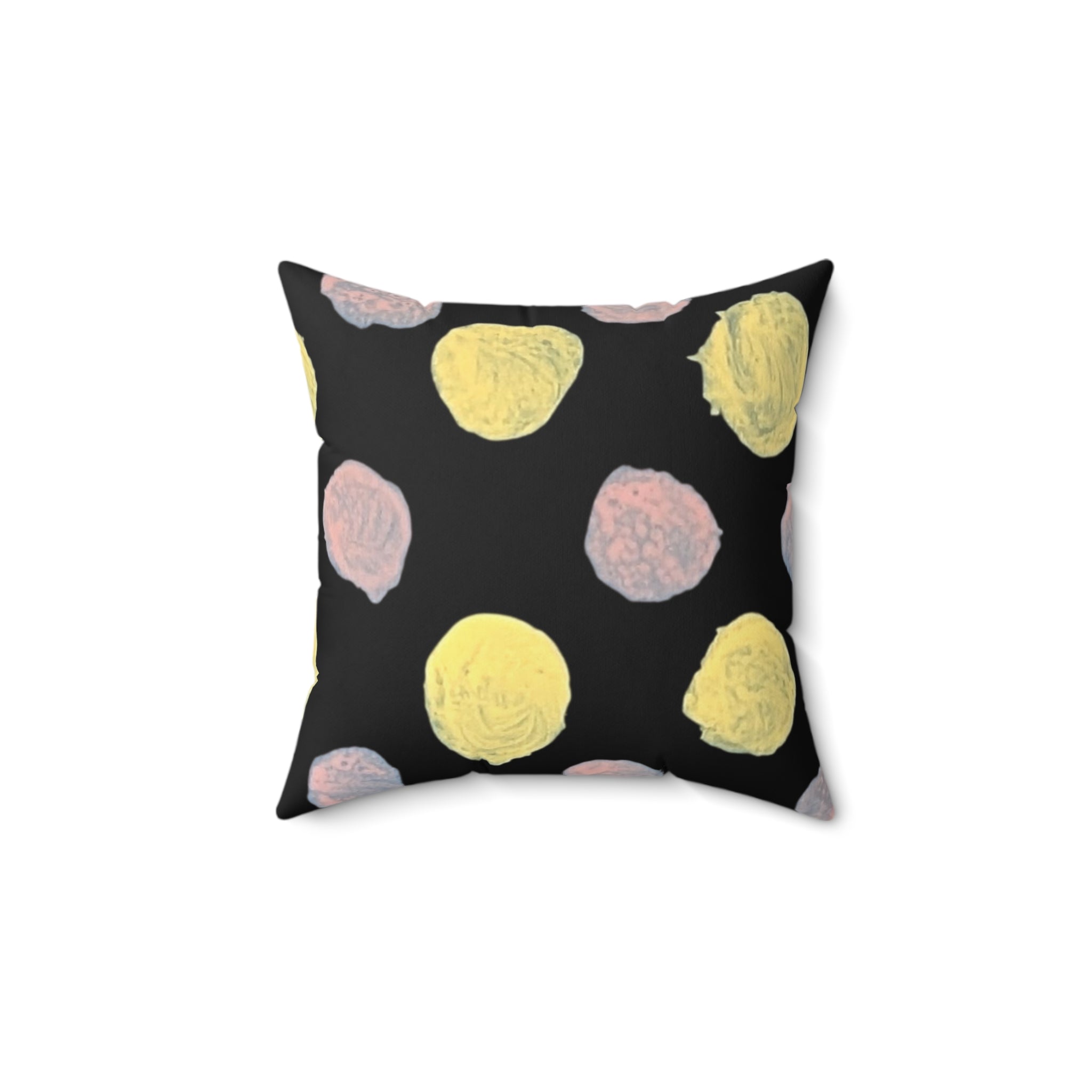 Polka Dot Throw Pillow — Pastel Yellow & Pink Dots on Black Decorative Pillow