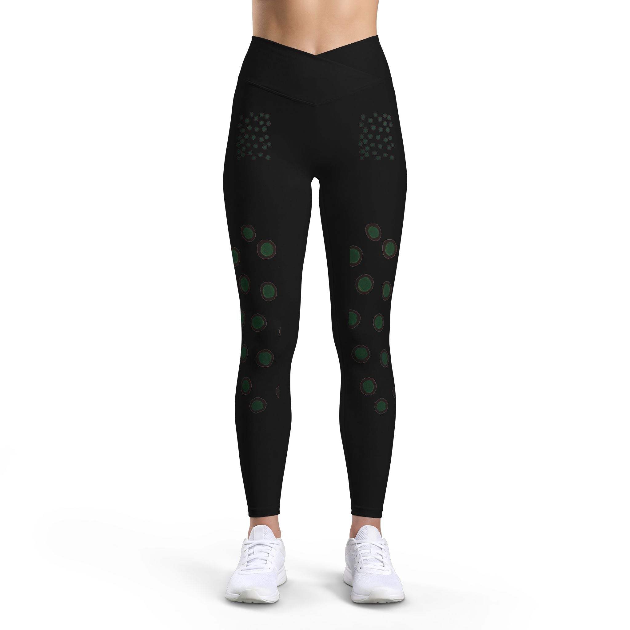 Black Botanical Leggings — Green Floral Dot Yoga Tights