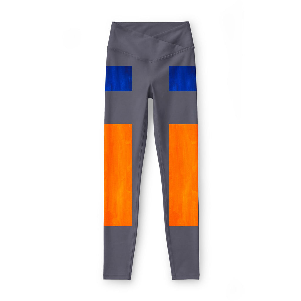 Colorblock Luxe Leggings — Gray with Bold Orange & Blue Panels