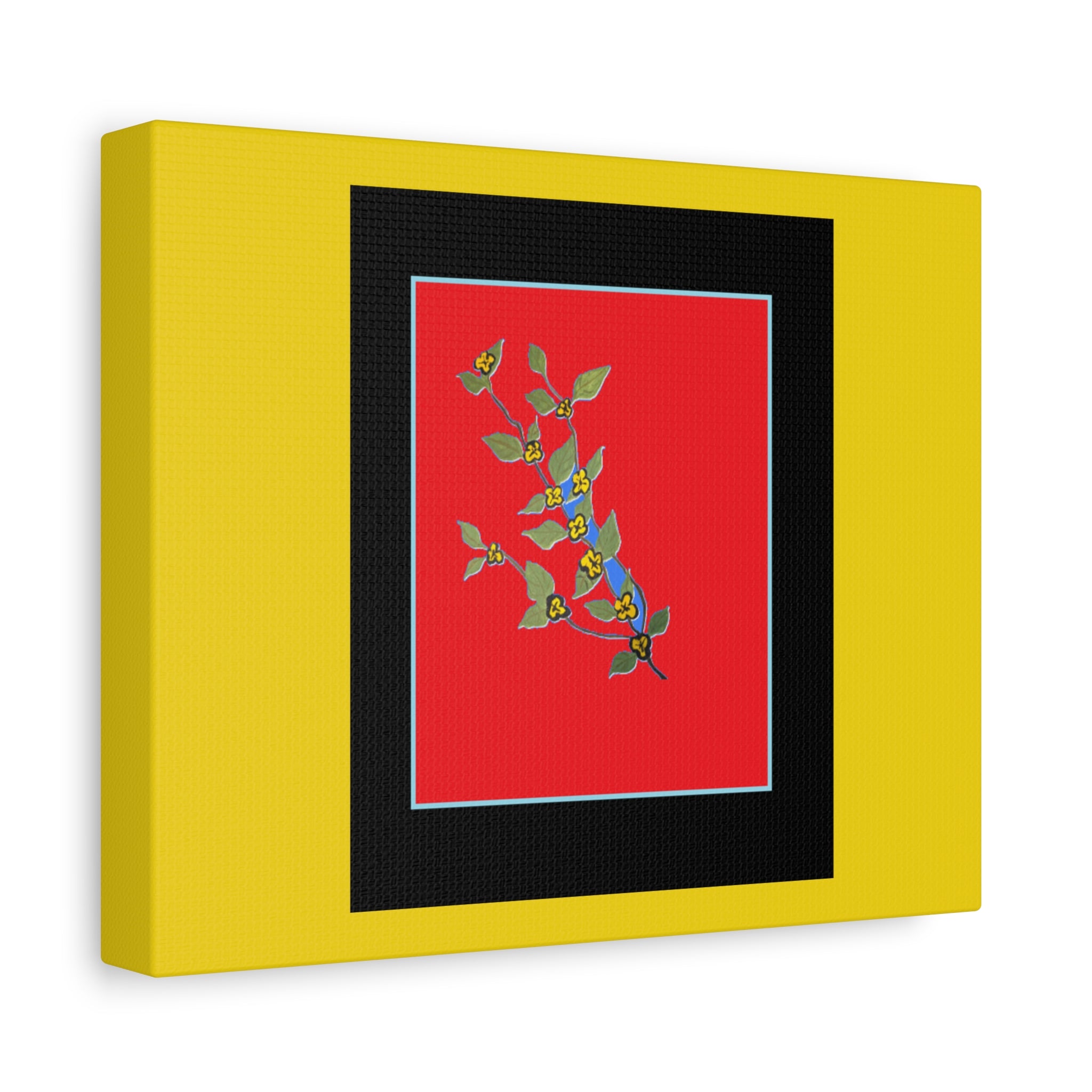 Botanical Branch Art Canvas — Vibrant Yellow Frame, Blue Floral Print