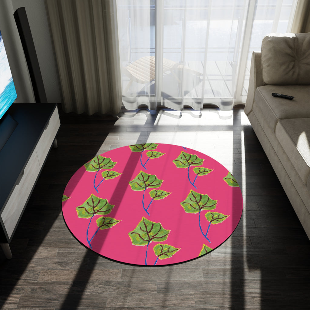 Botanical Pink Round Rug — Green Leaf Pattern Decorative Accent Mat