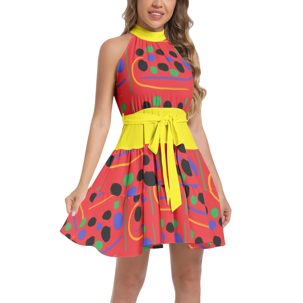 Ruffle Hem Belted Halter Red Dress