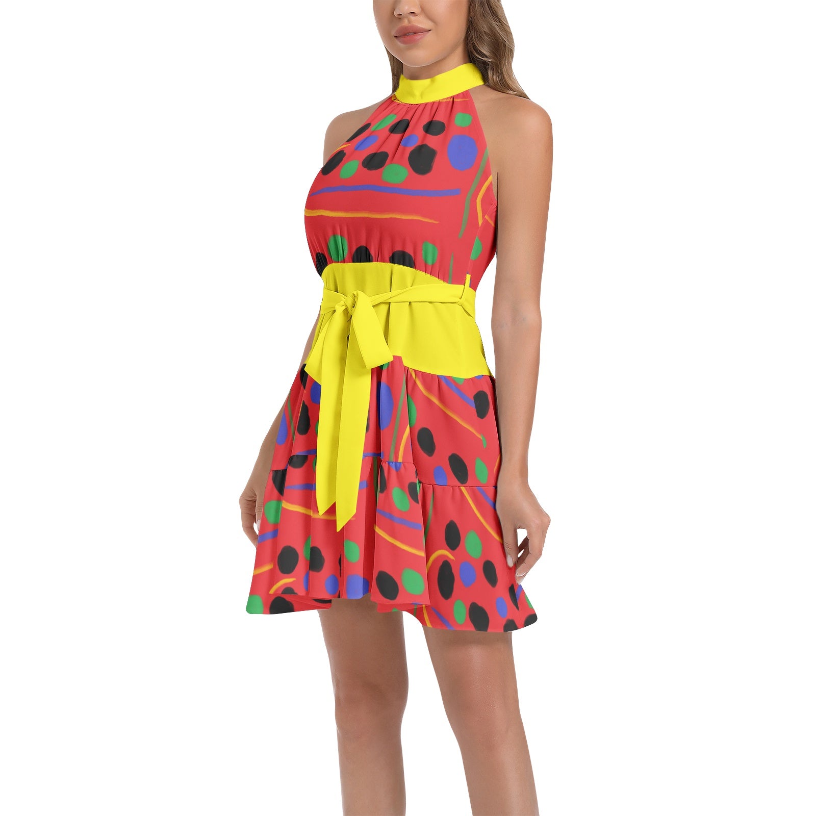 Ruffle Hem Belted Halter Red Dress