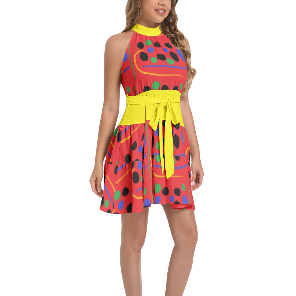 Ruffle Hem Belted Halter Red Dress
