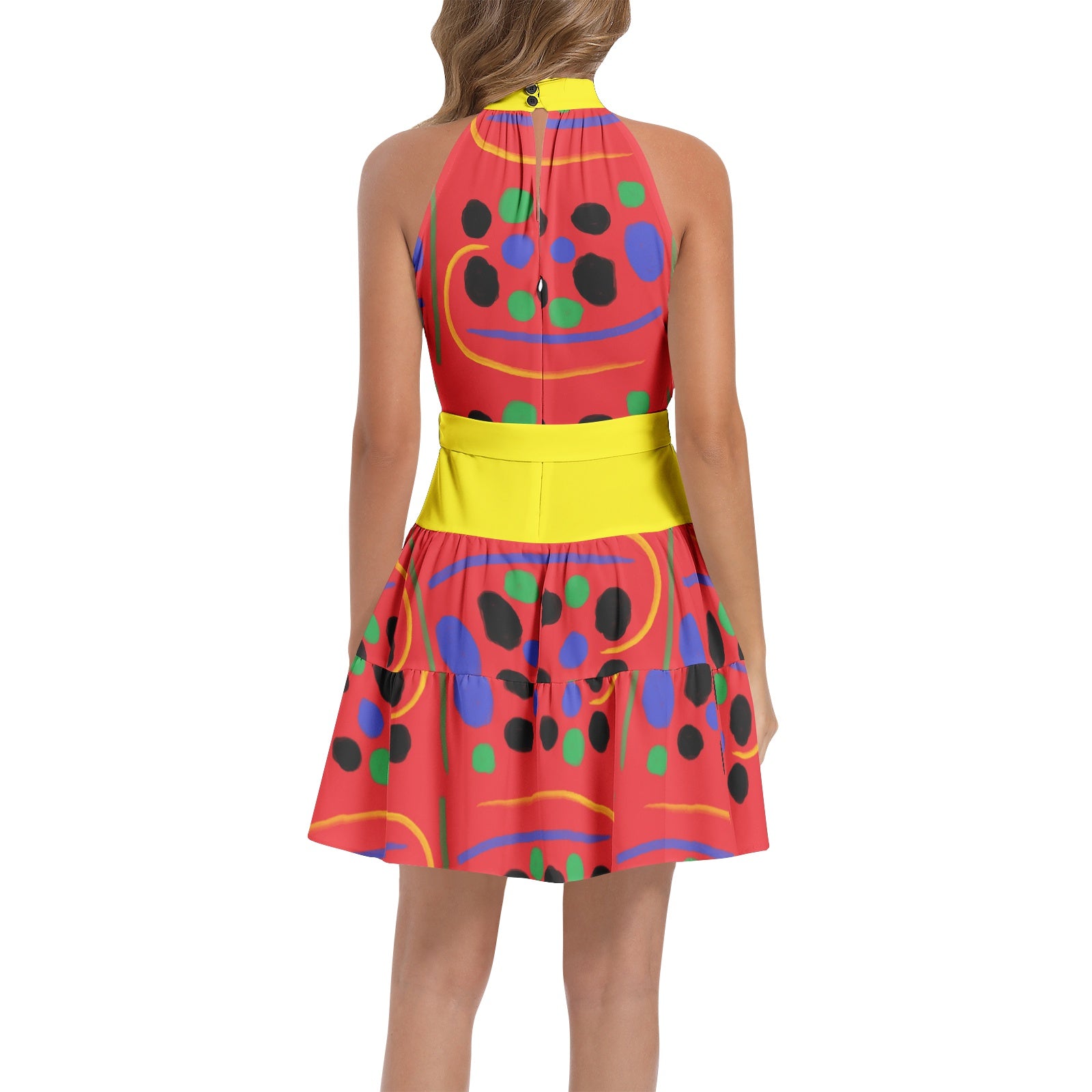 Ruffle Hem Belted Halter Red Dress