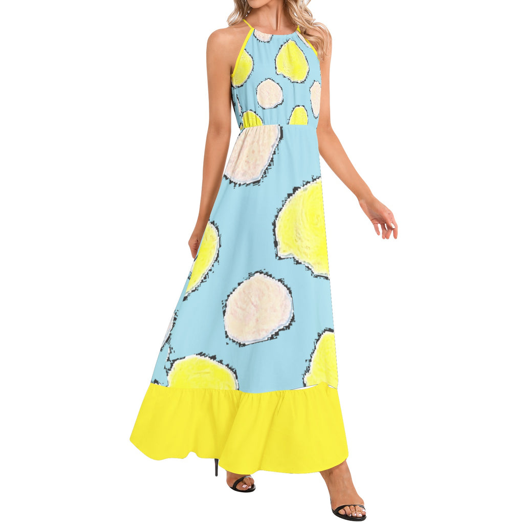 Polka Ruffle Hem Halter Neck Maxi Dress