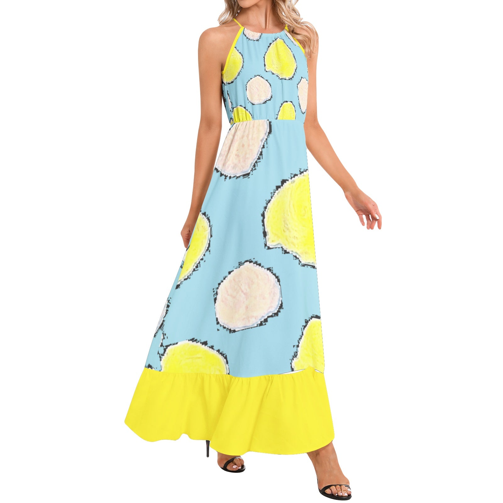 Polka Ruffle Hem Halter Neck Maxi Dress