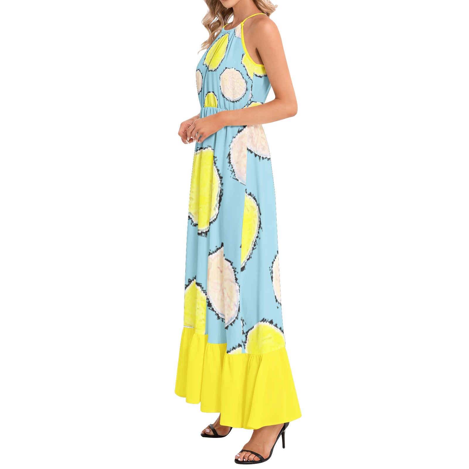 Polka Ruffle Hem Halter Neck Maxi Dress