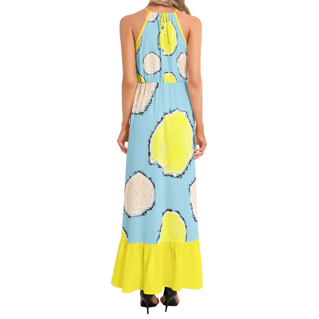 Polka Ruffle Hem Halter Neck Maxi Dress