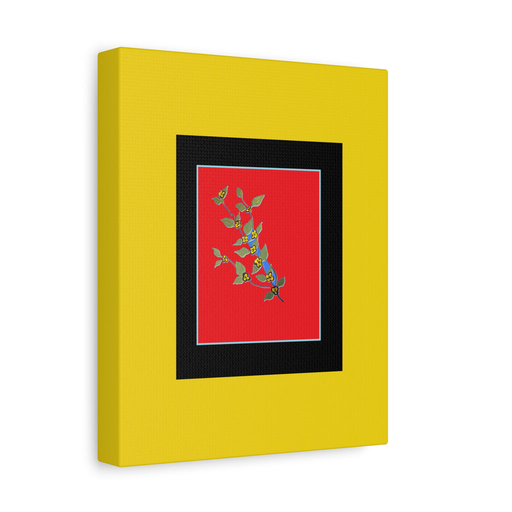 Botanical Branch Art Canvas — Vibrant Yellow Frame, Blue Floral Print