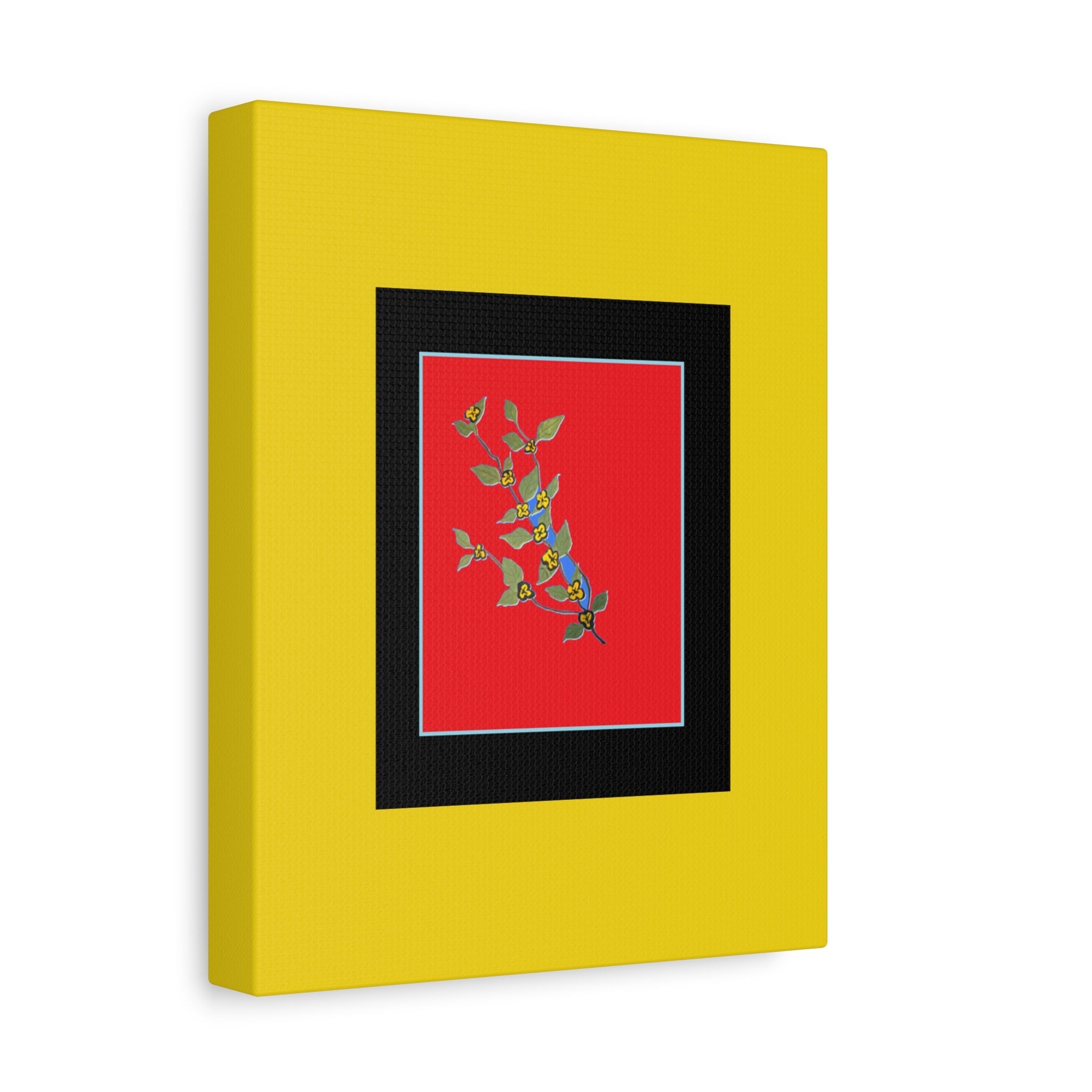 Botanical Branch Art Canvas — Vibrant Yellow Frame, Blue Floral Print