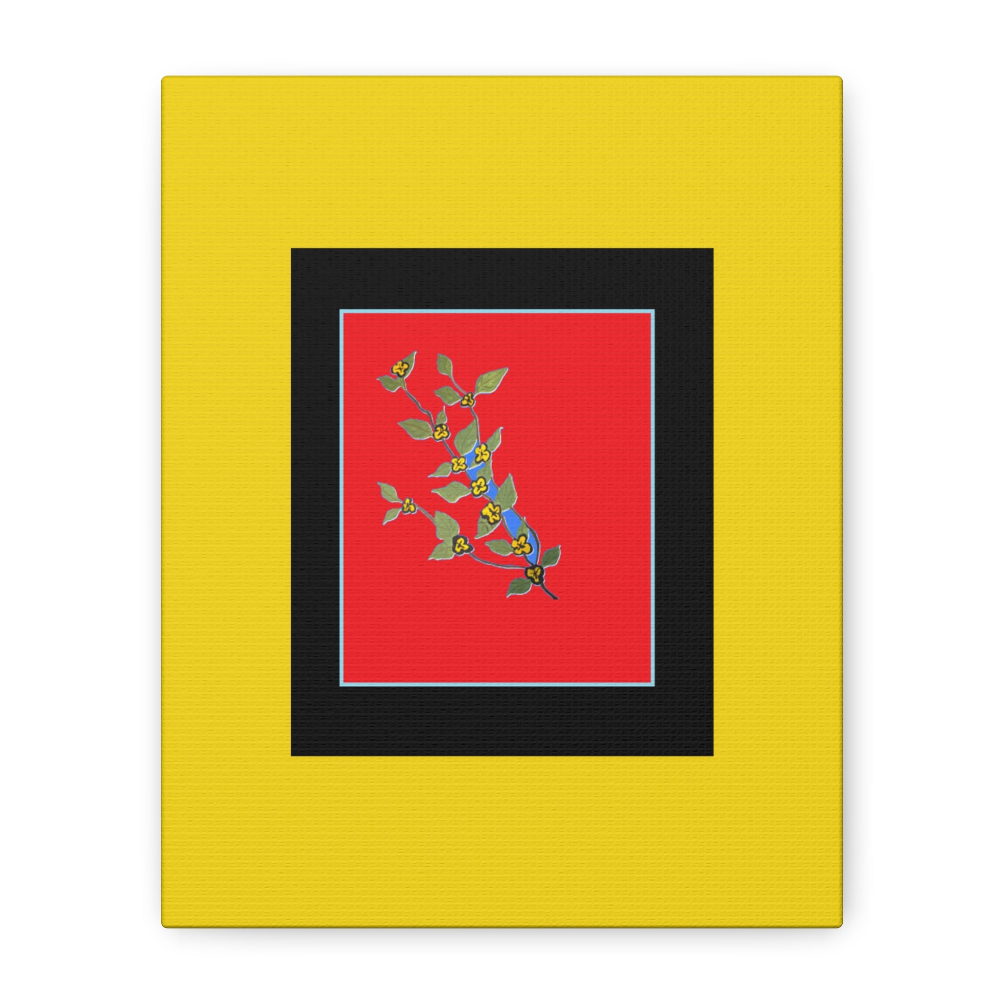 Botanical Branch Art Canvas — Vibrant Yellow Frame, Blue Floral Print