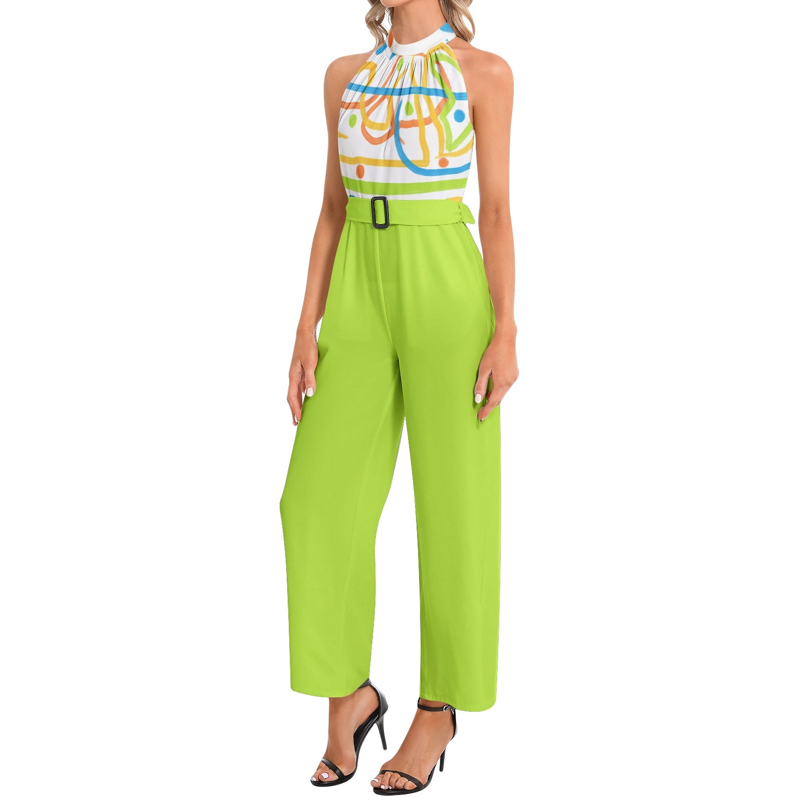 island lime -Halter Neck Buckle Belted Jumpsuit