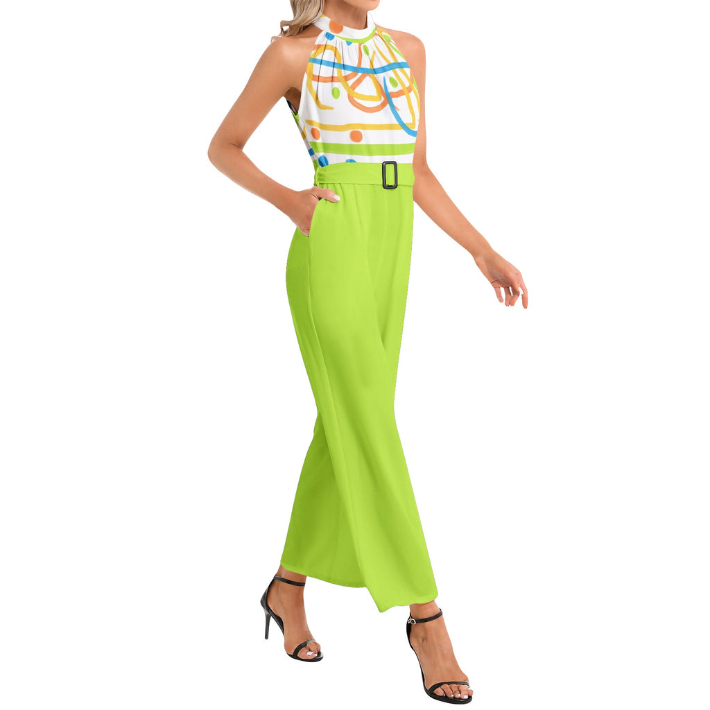 island lime -Halter Neck Buckle Belted Jumpsuit