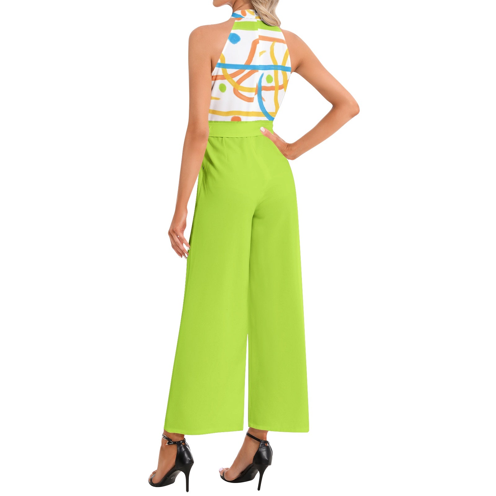 island lime -Halter Neck Buckle Belted Jumpsuit