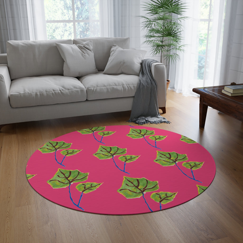 Botanical Pink Round Rug — Green Leaf Pattern Decorative Accent Mat
