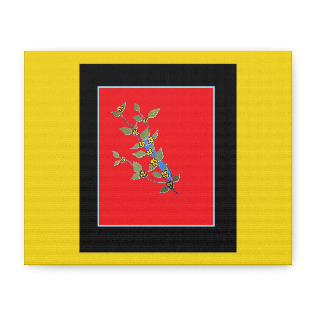 Botanical Branch Art Canvas — Vibrant Yellow Frame, Blue Floral Print