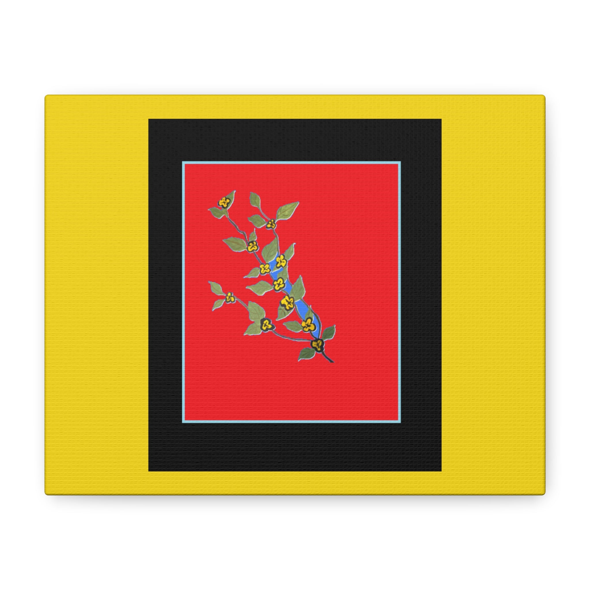 Botanical Branch Art Canvas — Vibrant Yellow Frame, Blue Floral Print