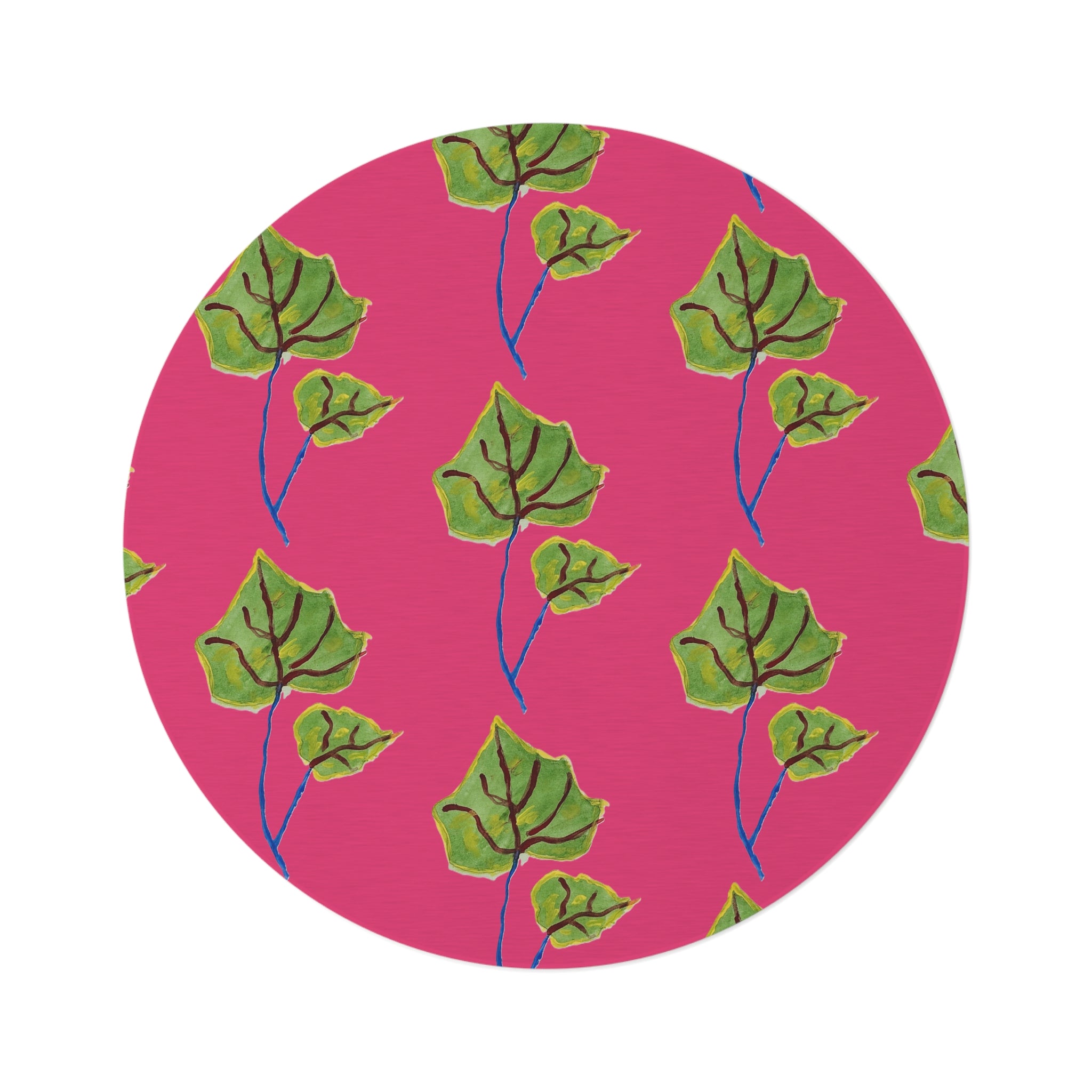 Botanical Pink Round Rug — Green Leaf Pattern Decorative Accent Mat