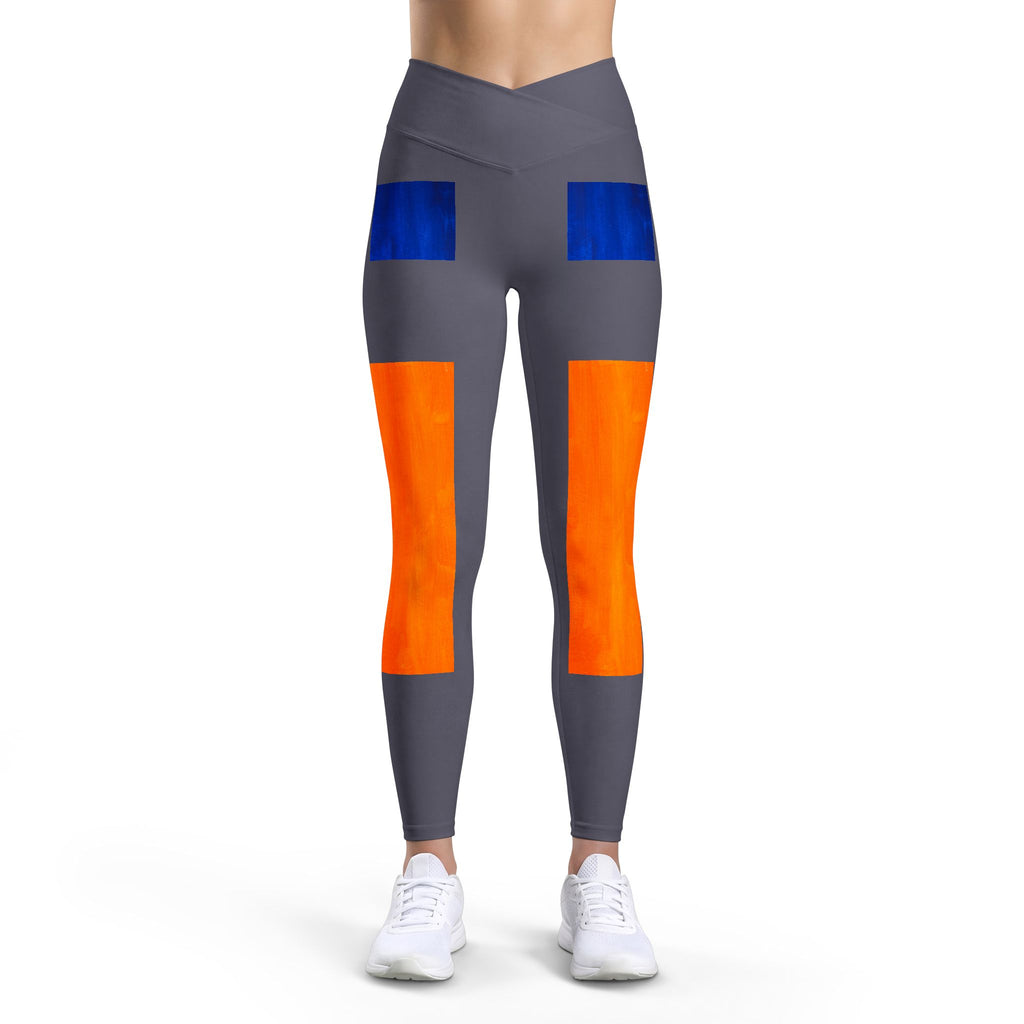 Colorblock Luxe Leggings — Gray with Bold Orange & Blue Panels