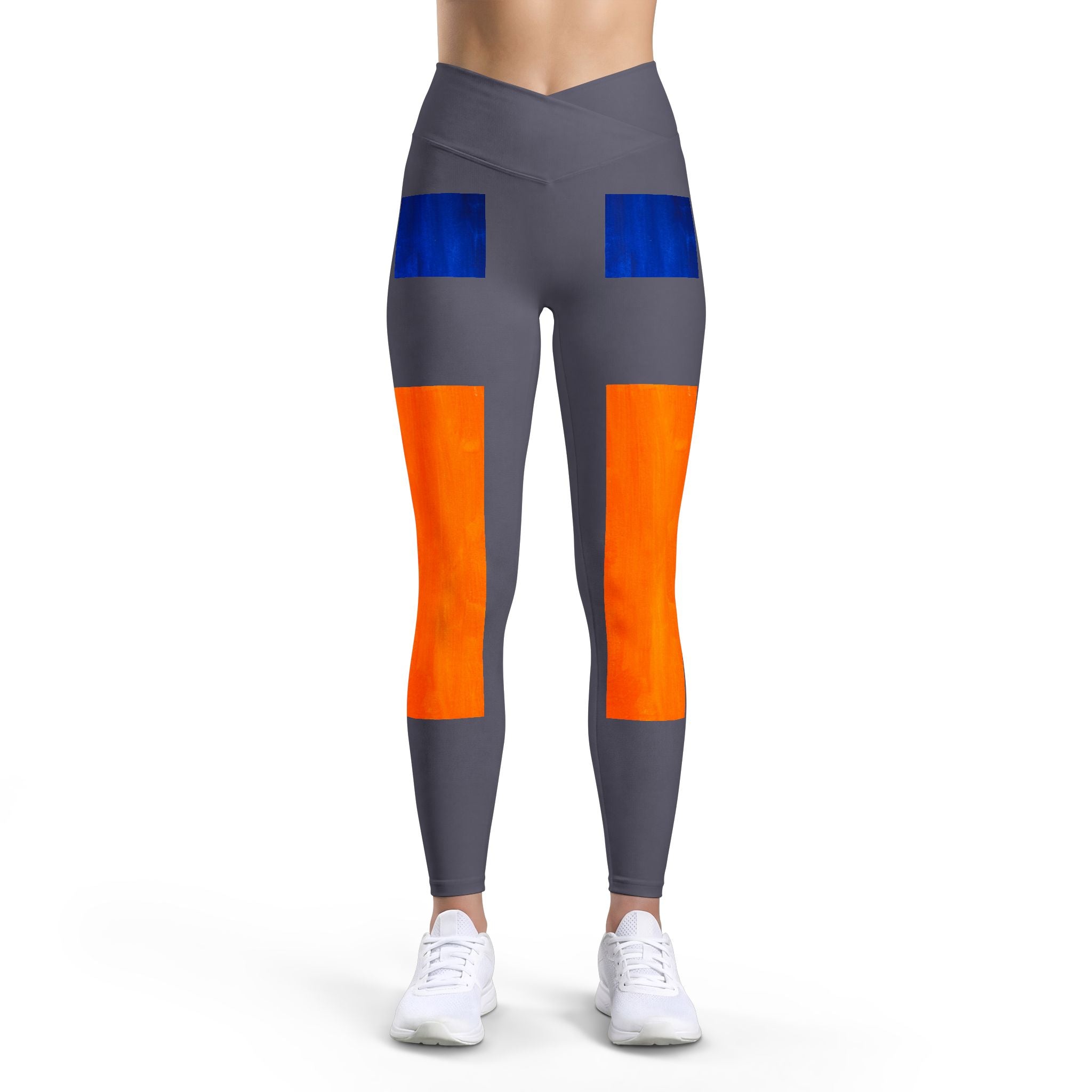 Colorblock Luxe Leggings — Gray with Bold Orange & Blue Panels