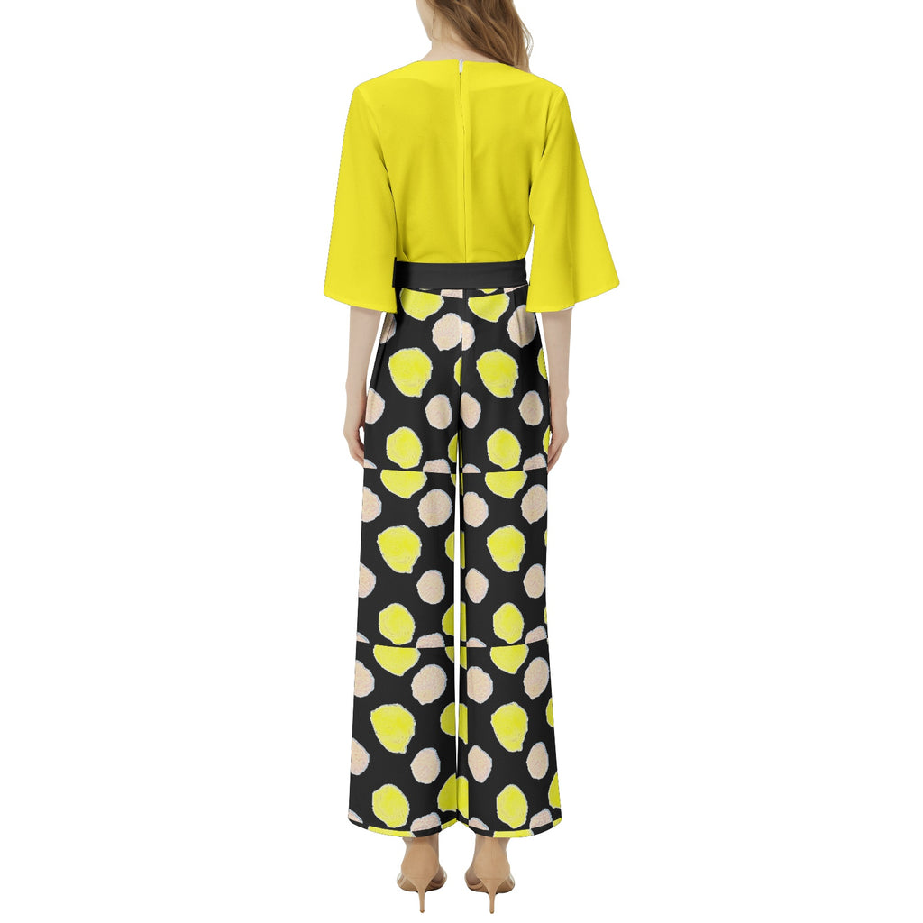 Polka dots-Dolman Sleeve Belted Wide Leg Jumpsuit
