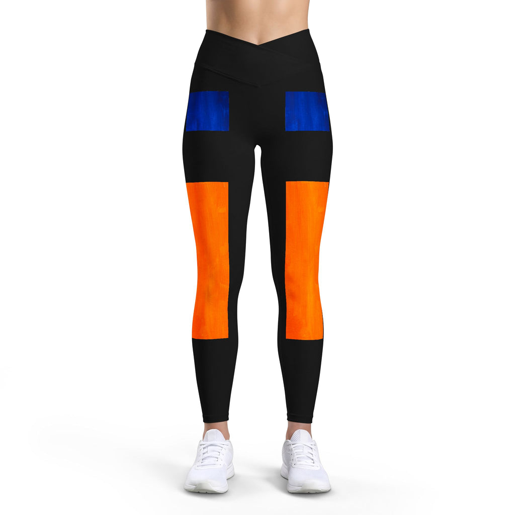 Colorblock Luxe Leggings — Gray with Bold Orange & Blue Panels