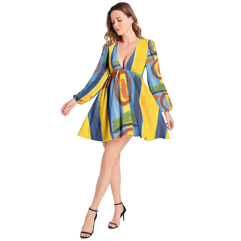Lantern Sleeve Deep V-Neck Short Dress