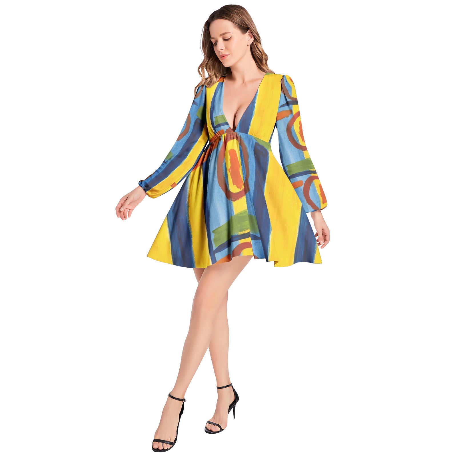 Lantern Sleeve Deep V-Neck Short Dress