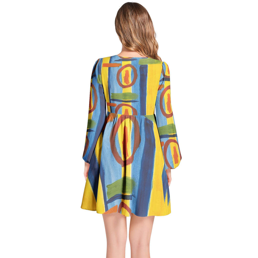 Lantern Sleeve Deep V-Neck Short Dress