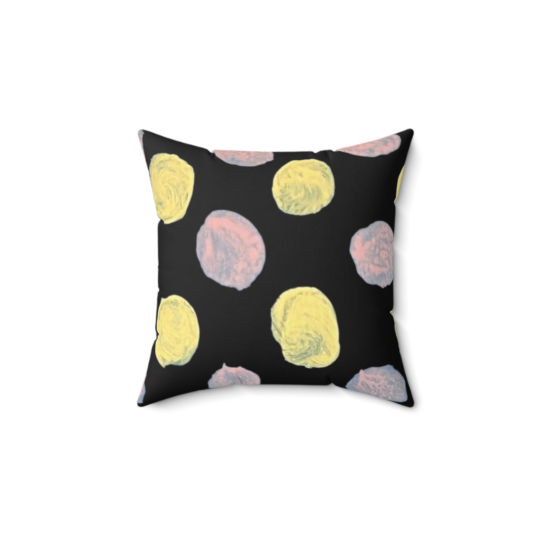 Polka Dot Throw Pillow — Pastel Yellow & Pink Dots on Black Decorative Pillow