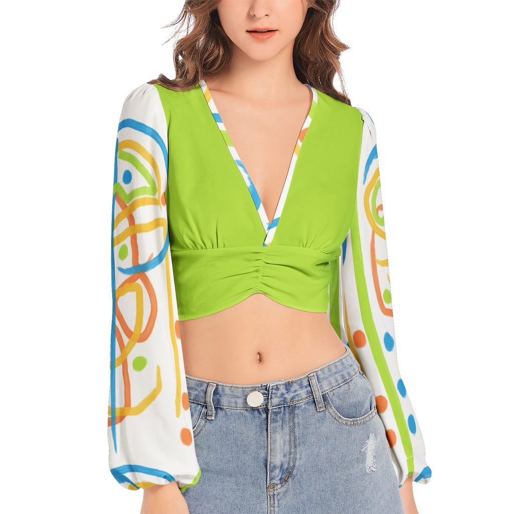 Women's Deep V-Neck Lantern Sleeve Crop Top