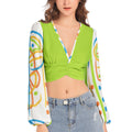 Women's Deep V-Neck Lantern Sleeve Crop Top