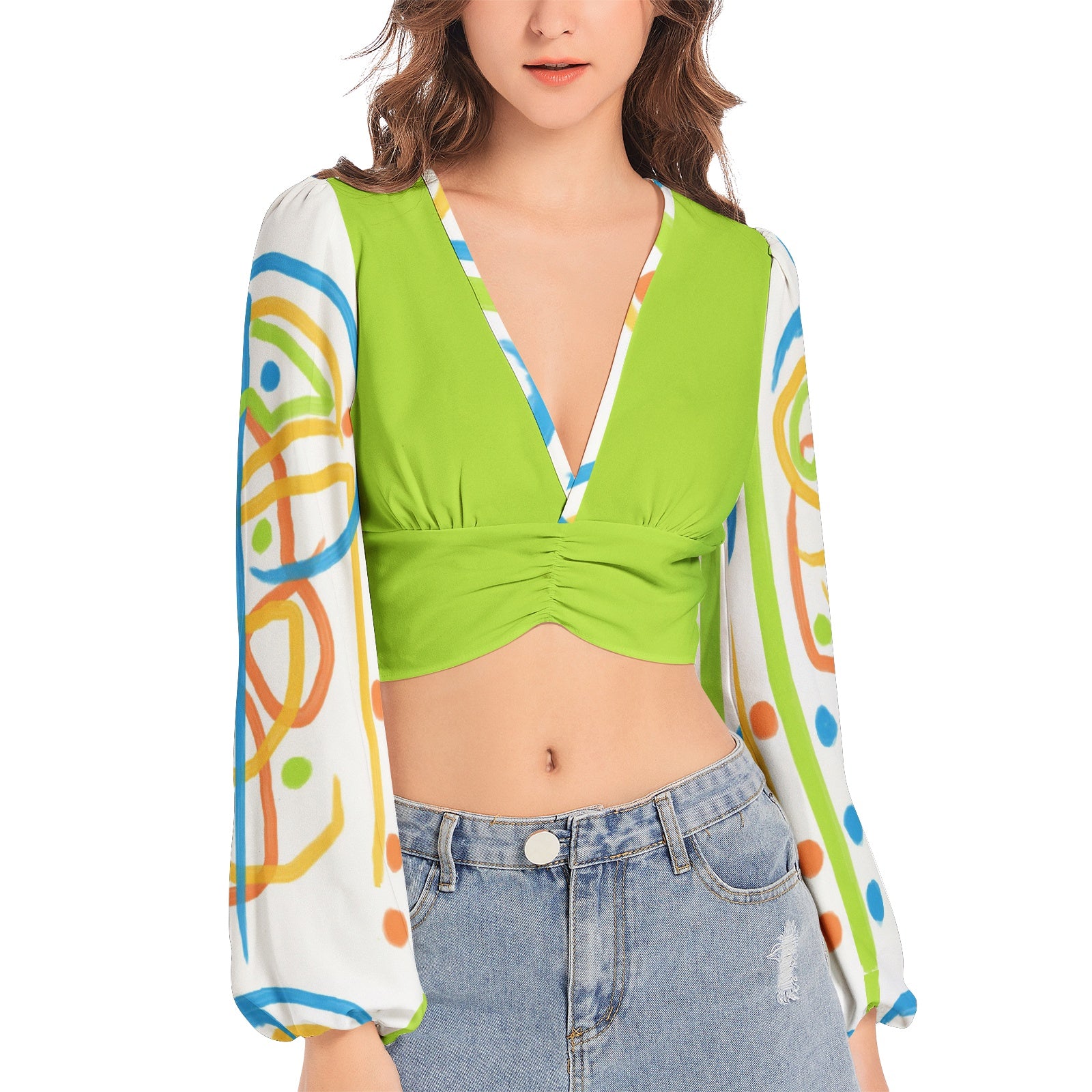 Women's Deep V-Neck Lantern Sleeve Crop Top