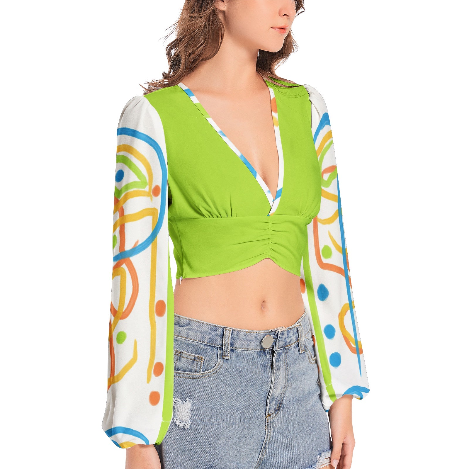 Women's Deep V-Neck Lantern Sleeve Crop Top