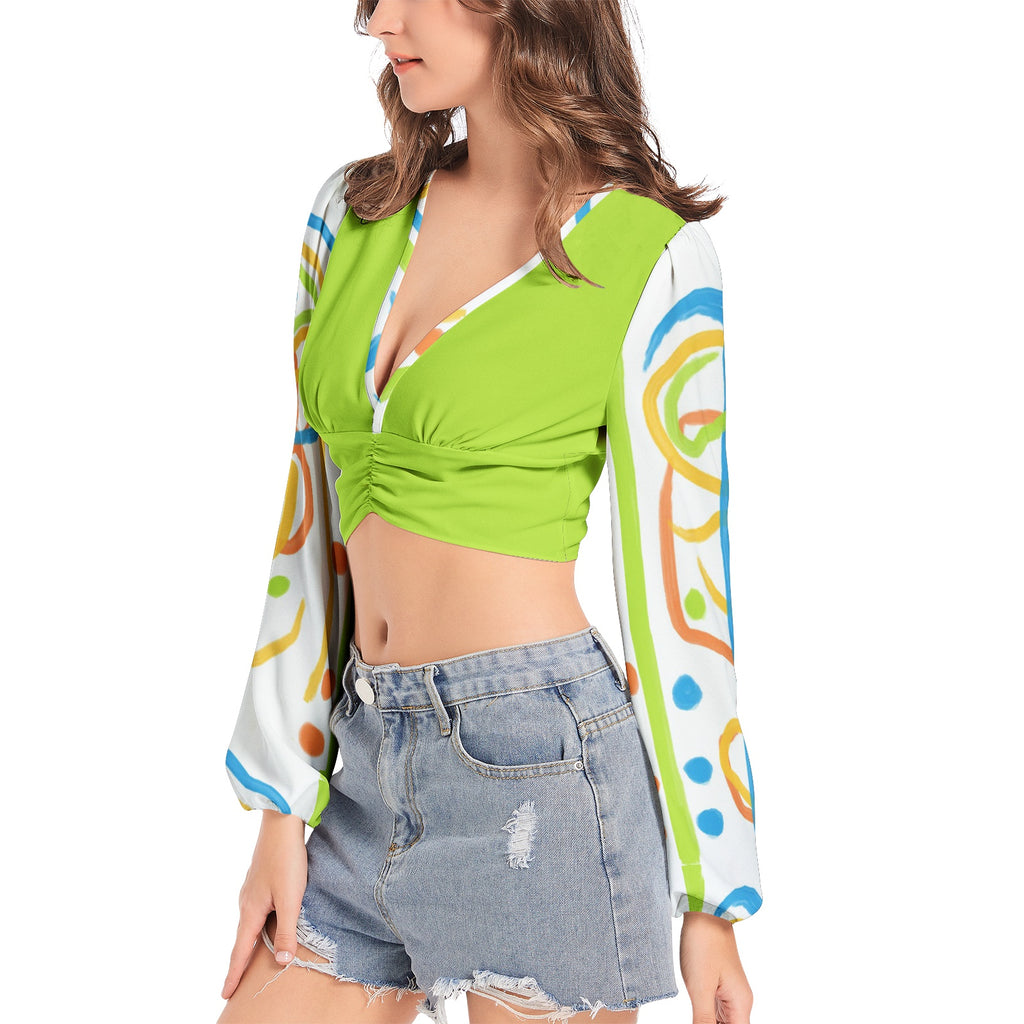 Women's Deep V-Neck Lantern Sleeve Crop Top