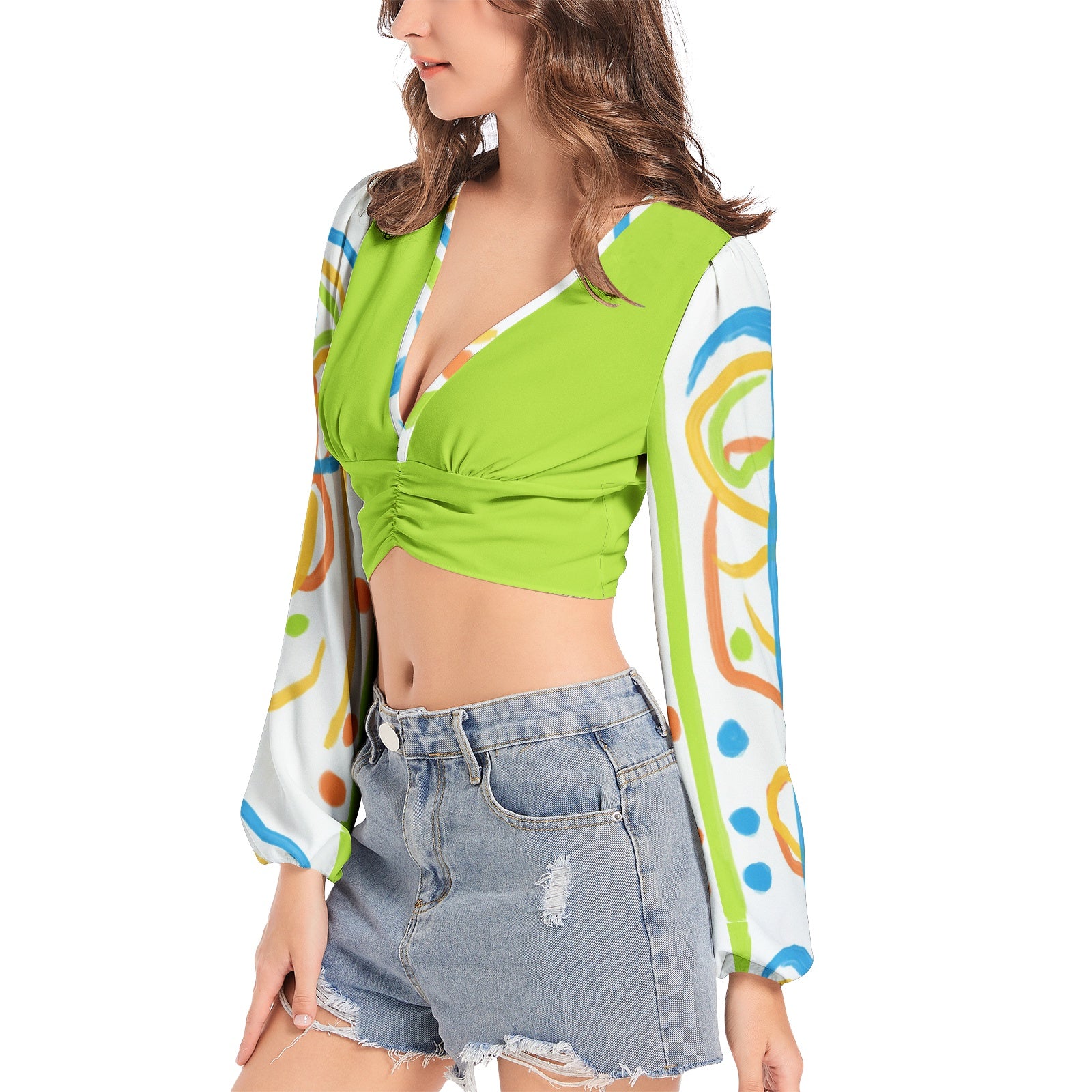 Women's Deep V-Neck Lantern Sleeve Crop Top