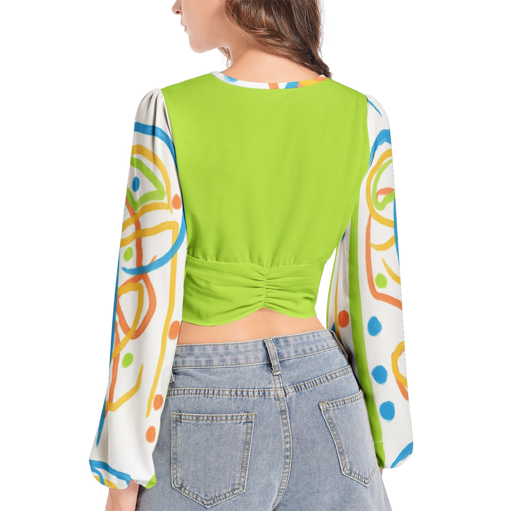 Women's Deep V-Neck Lantern Sleeve Crop Top