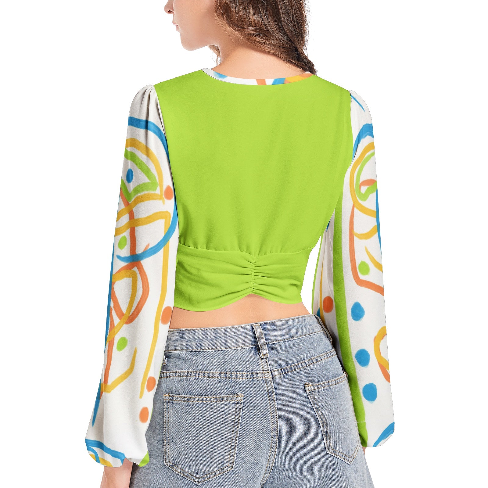 Women's Deep V-Neck Lantern Sleeve Crop Top