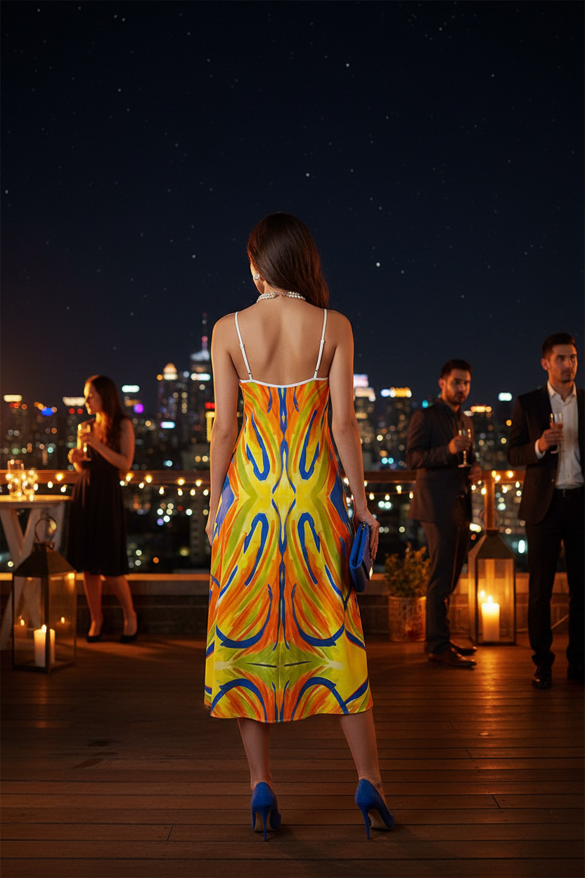 Sleeveless Midi Dress Back - Blue Accessories & Pearl Necklace